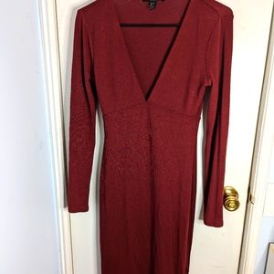Long sleeve knee length dress deep v, burgundy, size medium.